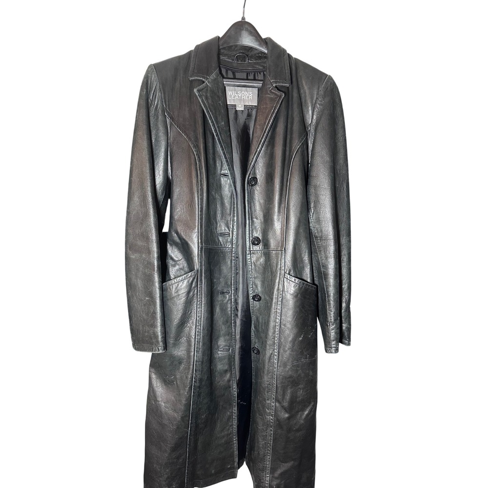 Wilsons Leather Black Trench Coat Womens Medium Long Button Front Belted Jacket